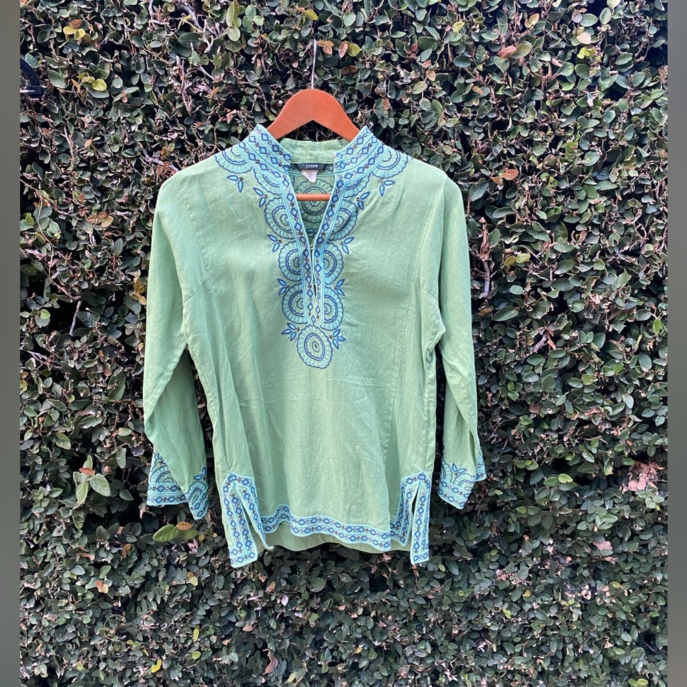 J.Crew, medium green tunic with blue stitching